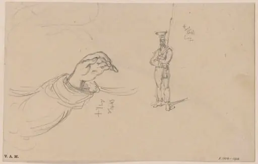 A hand and sleeve, and a soldier, by George Chinnery