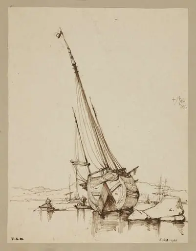 A junk grounded in shallow water, Macau, by George Chinnery