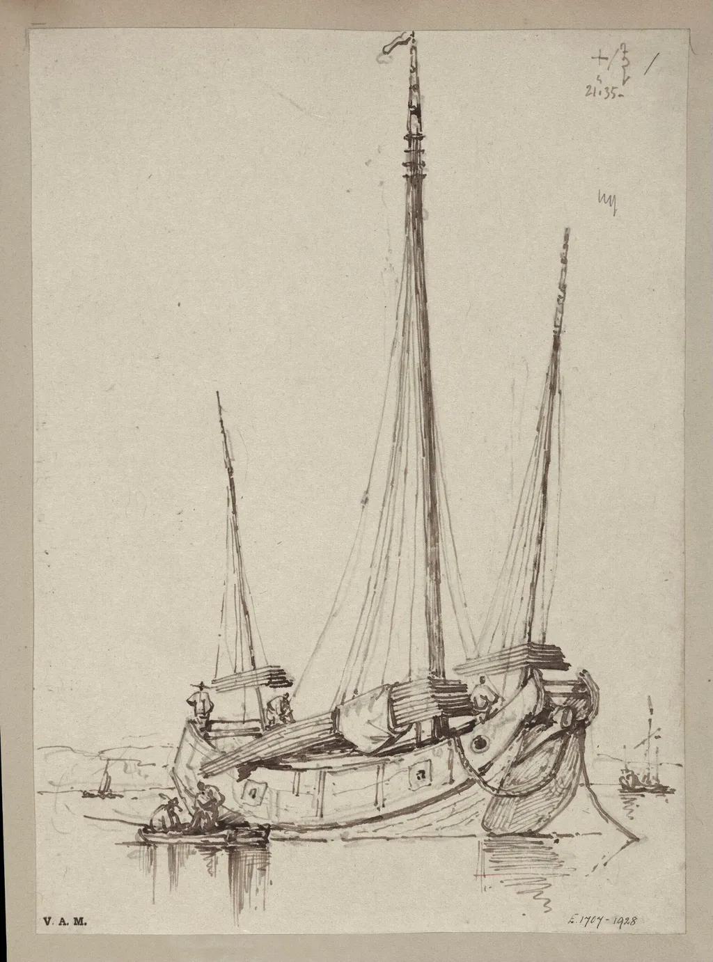 A junk hauling planks aboard, by George Chinnery, 15