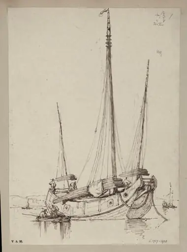 A junk hauling planks aboard, by George Chinnery