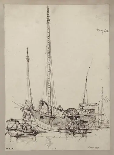 A junk with figures at work on board, by George Chinnery