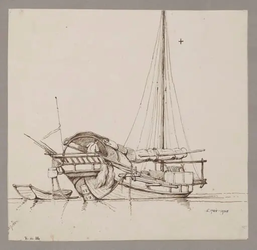 A junk with sails furled, by George Chinnery
