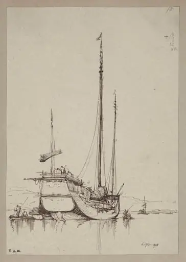 A junk with smaller craft alongside, by George Chinnery
