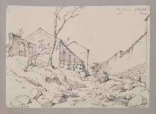 A path leading uphill between houses and a long wall, by George Chinnery
