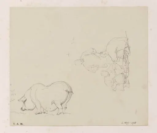 A pig, and a trio of figures with a basket, by George Chinnery