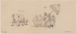 A priest leading three women, and a cow, by George Chinnery, 16