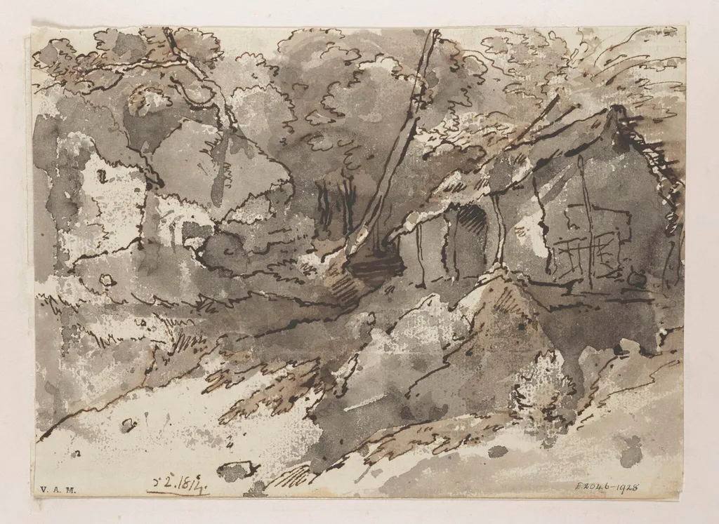 A ramshackle building amid trees and rocks, Bengal, by George Chinnery, 4