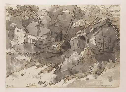 A ramshackle building amid trees and rocks, Bengal, by George Chinnery