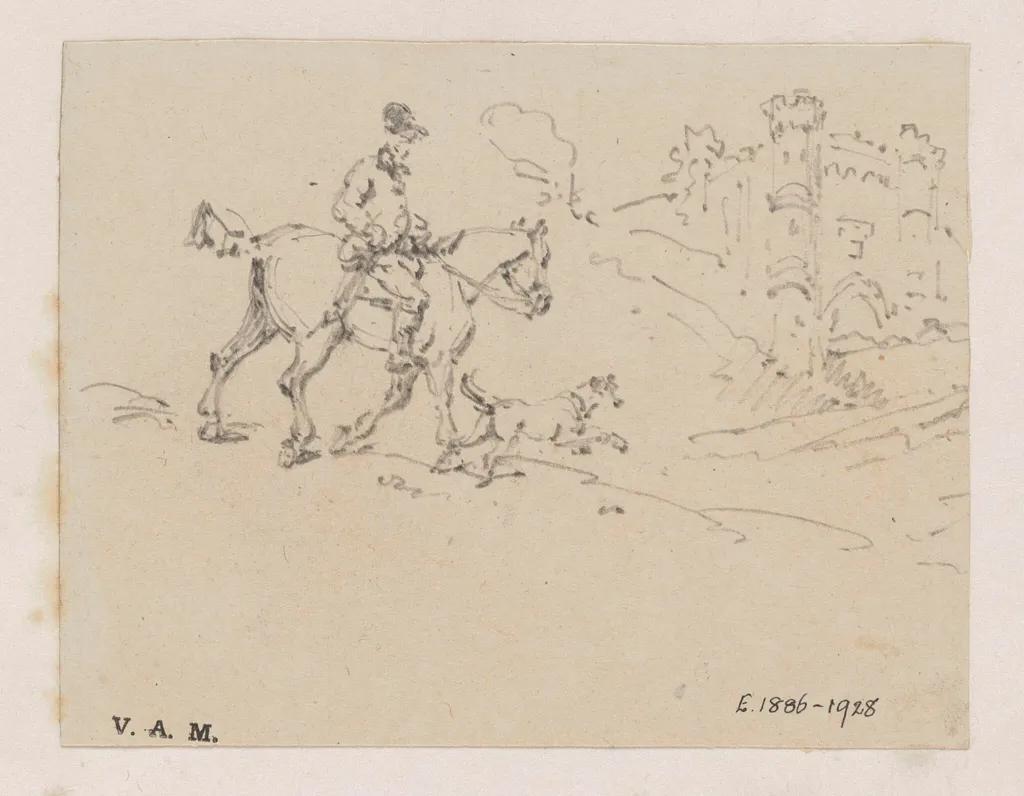 A rider and dog approaching a castle, by George Chinnery, 19