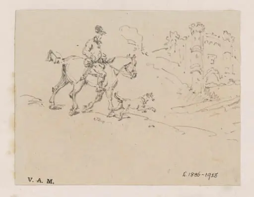 A rider and dog approaching a castle, by George Chinnery