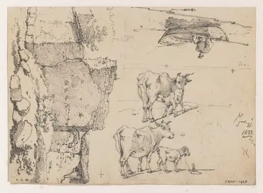 A ruined building, cattle, and a figure in a boat, by George Chinnery