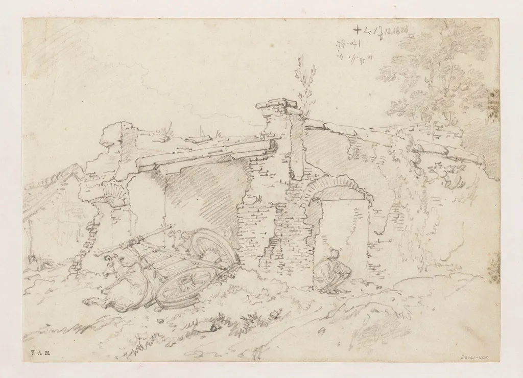 A ruined building in Bengal, with a figure and an ox and cart, by George Chinnery, 10