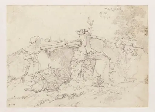 A ruined building in Bengal, with a figure and an ox and cart, by George Chinnery