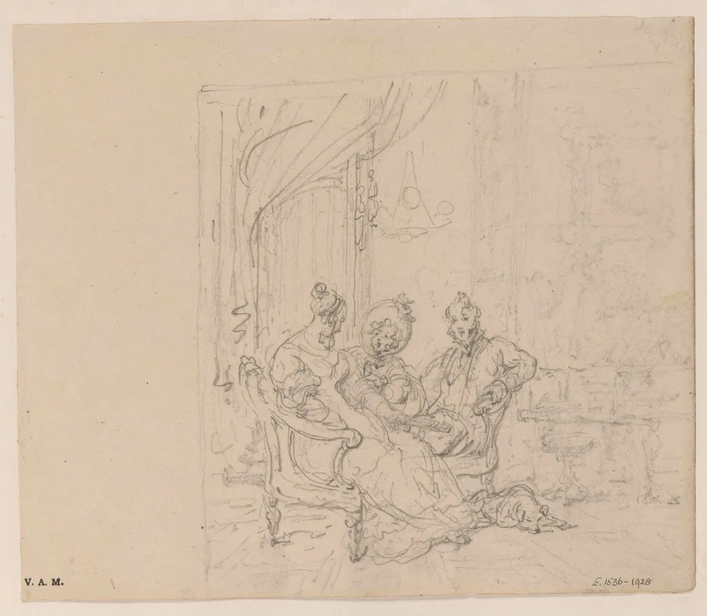 A sketch of three Western figures in a drawing room, by George Chinnery, 16