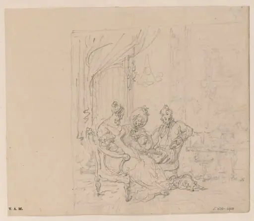 A sketch of three Western figures in a drawing room, by George Chinnery