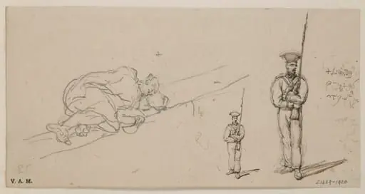 A sleeping Chinese man and a Portuguese soldier, by George Chinnery