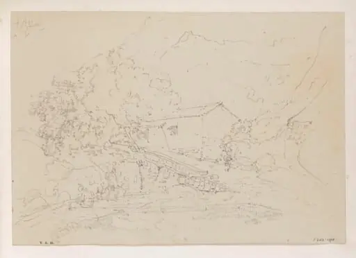 A small building and trees on a hillside, Macau, by George Chinnery