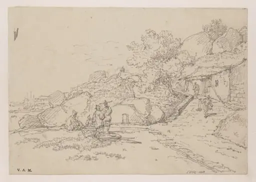A small building on a rocky hillside, with a group of figures and the bay at left, by George Chinnery