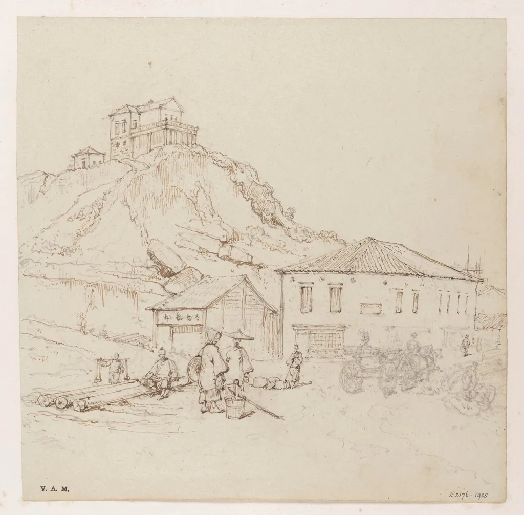 A steep hill in Macau, with buildings below it and on its summit, by George Chinnery, 19