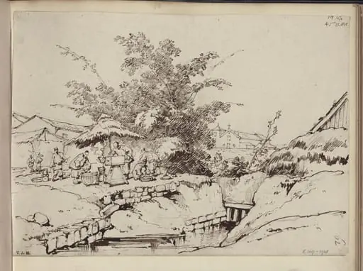 A stream with a blacksmith beyond, and a distant view of the church of S. Antonio, Macau, by George Chinnery