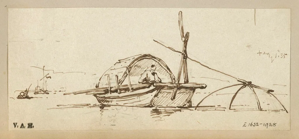 A Tanka boat, Macau, with a lift net lowered into the water, by George Chinnery, 6