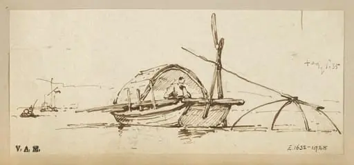 A Tanka boat, Macau, with a lift net lowered into the water, by George Chinnery
