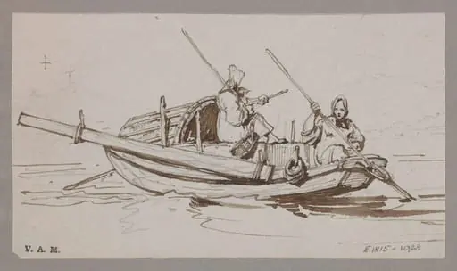 A Tanka boat operated by two boatwomen, by George Chinnery