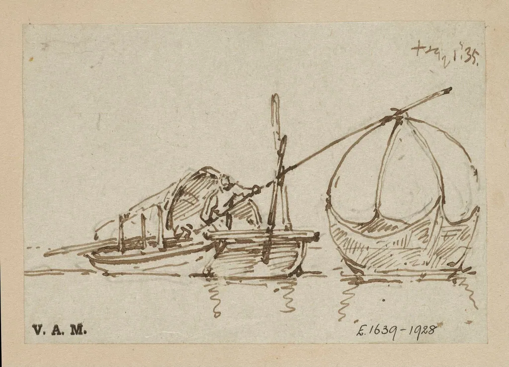 A Tanka boat with a figure operating a lift net, by George Chinnery, 6