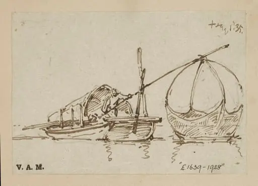 A Tanka boat with a figure operating a lift net, by George Chinnery