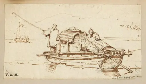 A Tanka boat with two boatwomen, by George Chinnery