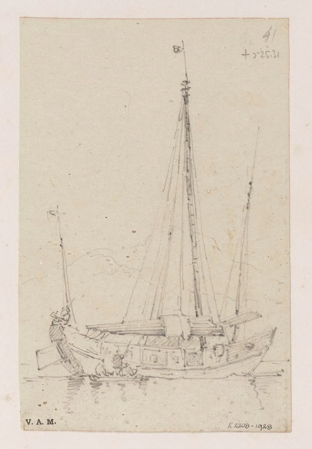 A three-masted junk with a smaller boat alongside, by George Chinnery, 15