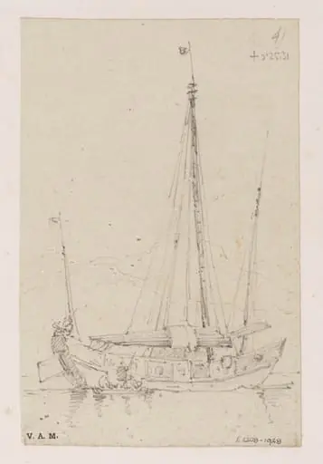 A three-masted junk with a smaller boat alongside, by George Chinnery