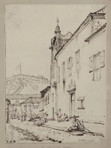 A view past the Misericordia Church towards Fort Monte, Macau, by George Chinnery