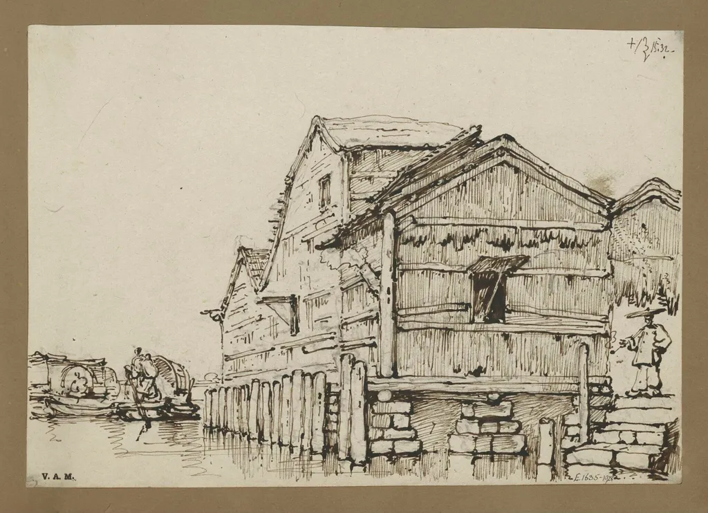 A waterside building, Macau, raised on stone blocks, by George Chinnery, 12