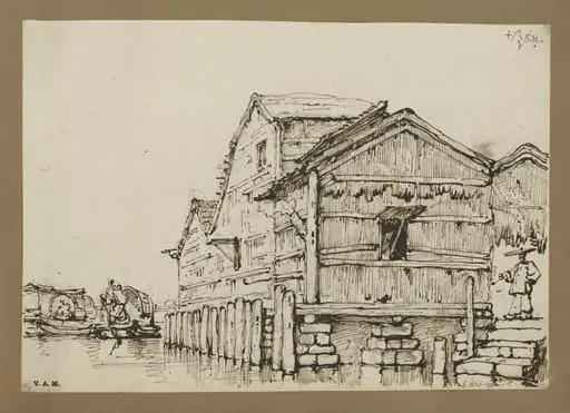 A waterside building, Macau, raised on stone blocks, by George Chinnery