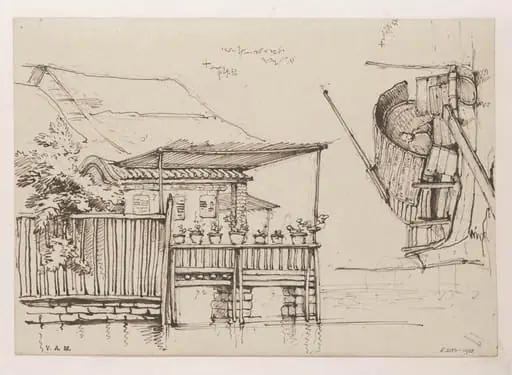 A waterside house with potted plants along its balcony, and a Tanka boat, by George Chinnery