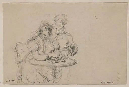 A Western couple at a table; on the back, a young Western woman drawing flowers, by George Chinnery