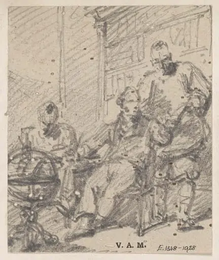 A Western man in a library flanked by two Chinese men, by George Chinnery