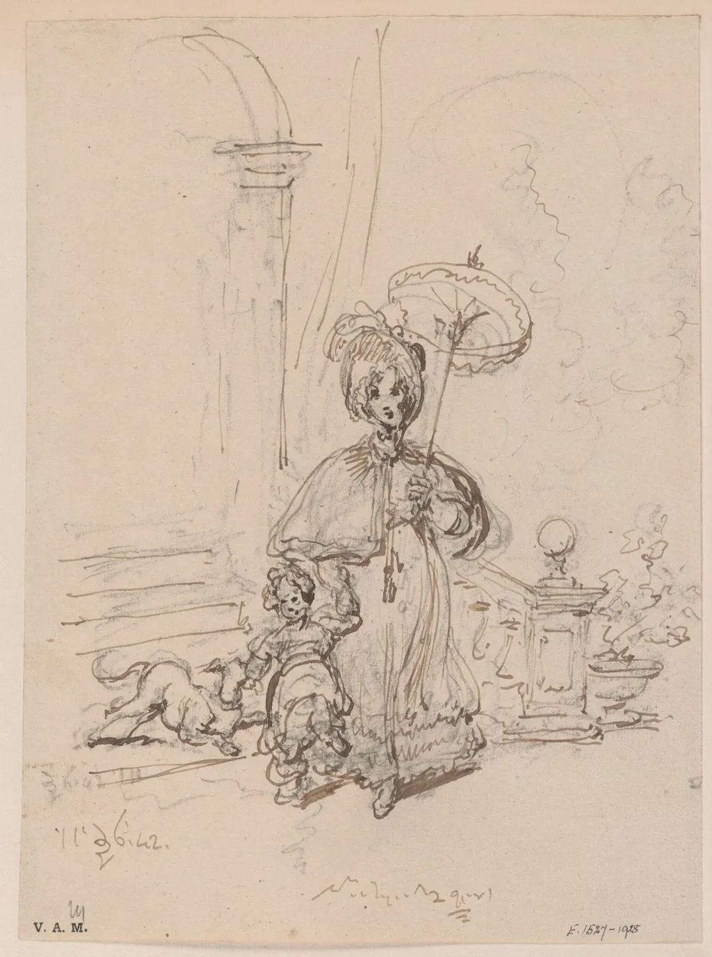 A Western woman with a child and a dog, by George Chinnery, 9