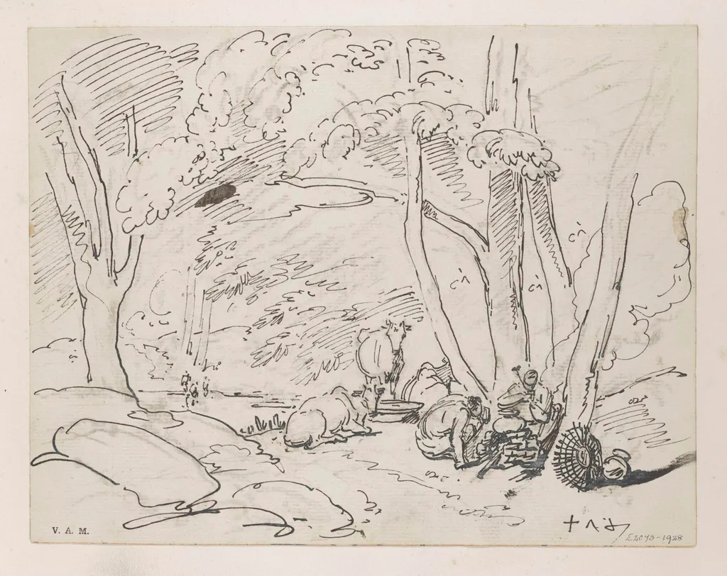 A wooded landscape with Indian figures and cattle, by George Chinnery, 16