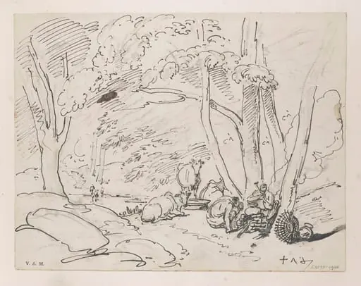 A wooded landscape with Indian figures and cattle, by George Chinnery