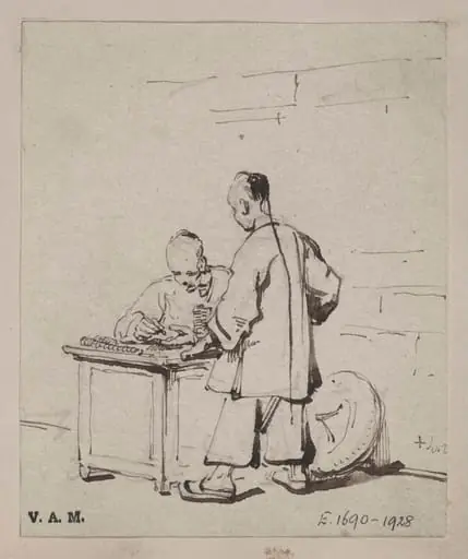AA Chinese moneychanger seated at a table, with a standing figure, by George Chinnery