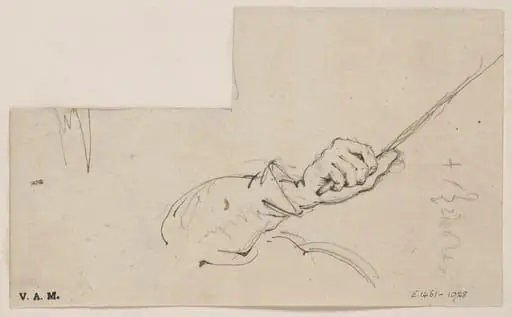 An arm and hand holding a stick, by George Chinnery