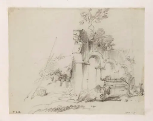 An ox and cart by a ruined building, Bengal, by George Chinnery