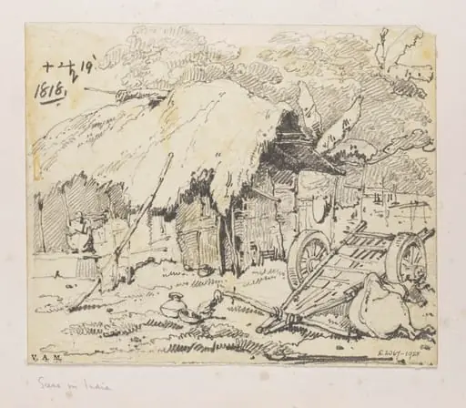 An ox and cart outside a Bengal village dwelling, by George Chinnery
