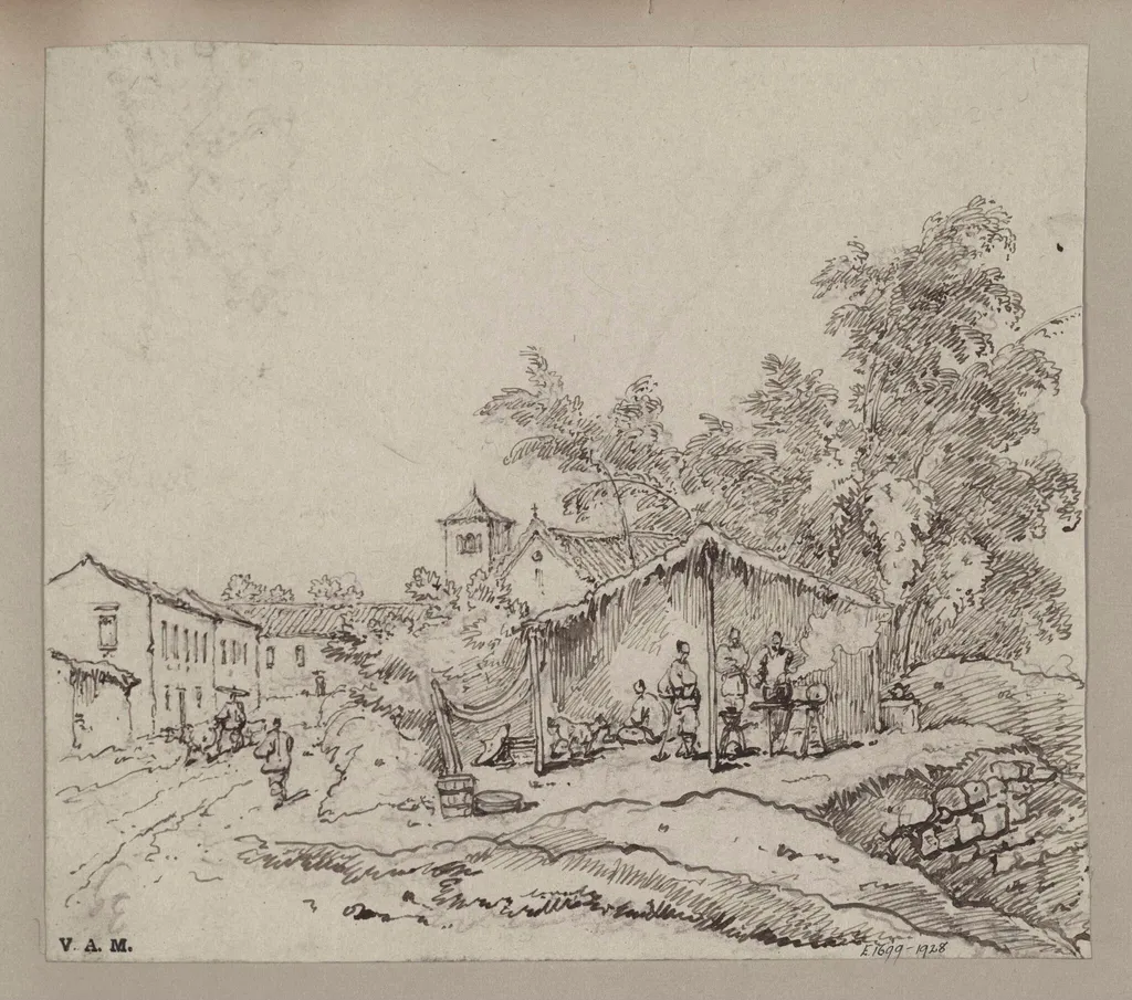 Blacksmiths beneath a thatched shelter, with the church of S. Antonio, Macau, by George Chinnery, 18