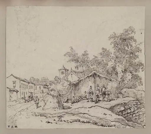Blacksmiths beneath a thatched shelter, with the church of S. Antonio, Macau, by George Chinnery