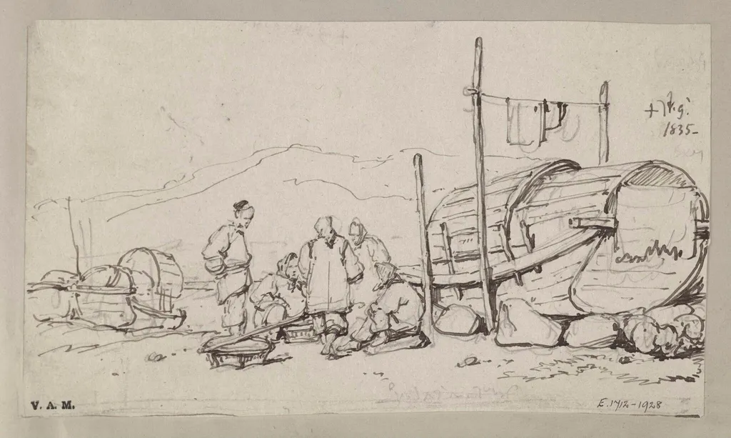 Boatpeople by a Tanka boat raised up on the beach, by George Chinnery, 6