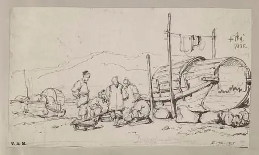 Boatpeople by a Tanka boat raised up on the beach, by George Chinnery