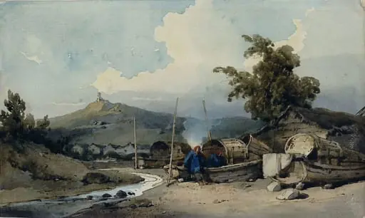 Boats and Village by a Stream, China, by George Chinnery